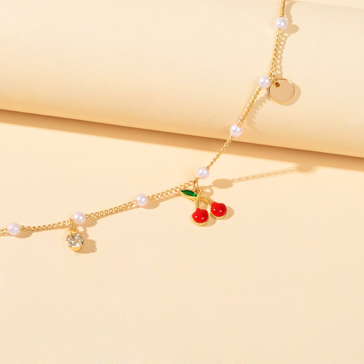 Pearl Beads Disc Charm Gold Chain Red Cherry Charm Bracelet Women Dainty Gift