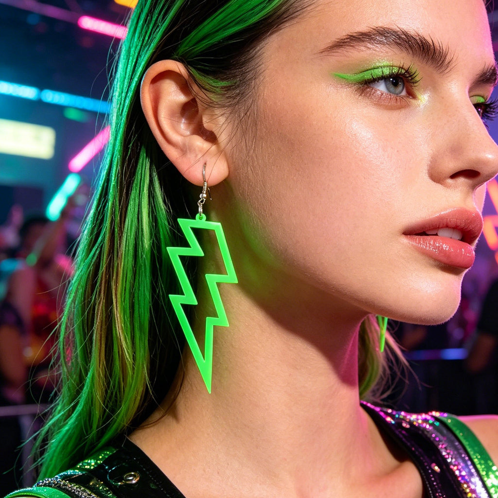 Lightning Bolt Statement Dangle Earrings Retro Punk Hippie Fluro Neon Jewellery