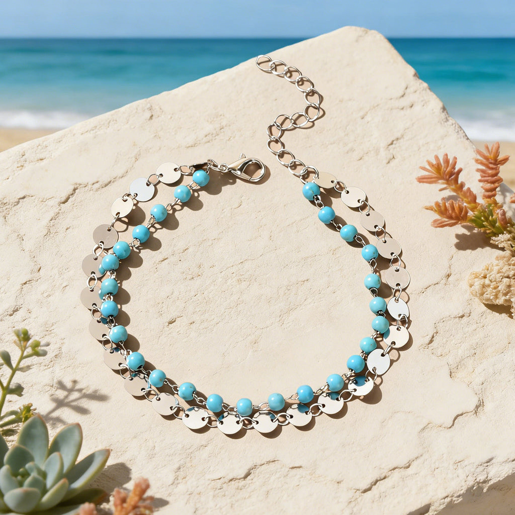 Ethnic Style Gold Silver Disc Chain Turquoise Beads Layered Anklet Foot Jewelry