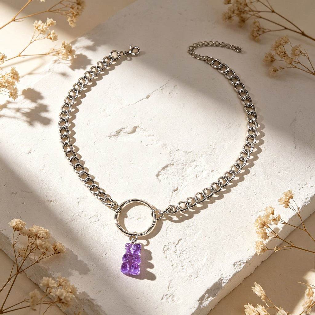 Lovely Jewellery Silver Chain Circle Purple Bear Pendant Necklace Accessories