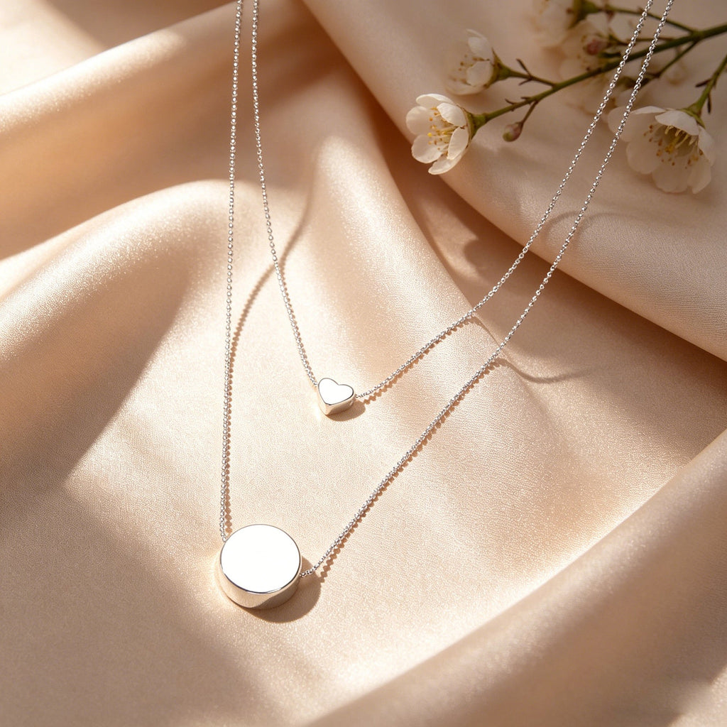 2 pcs Popular Jewellery Silver Chain Love Heart Round Charm Necklace Accessories
