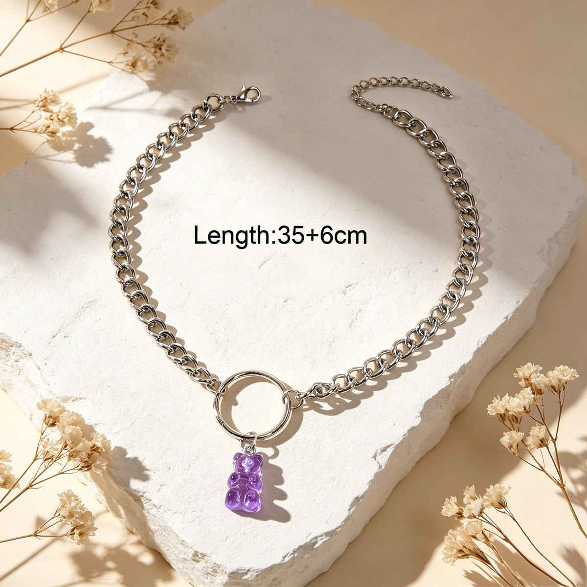 Lovely Jewellery Silver Chain Circle Purple Bear Pendant Necklace Accessories