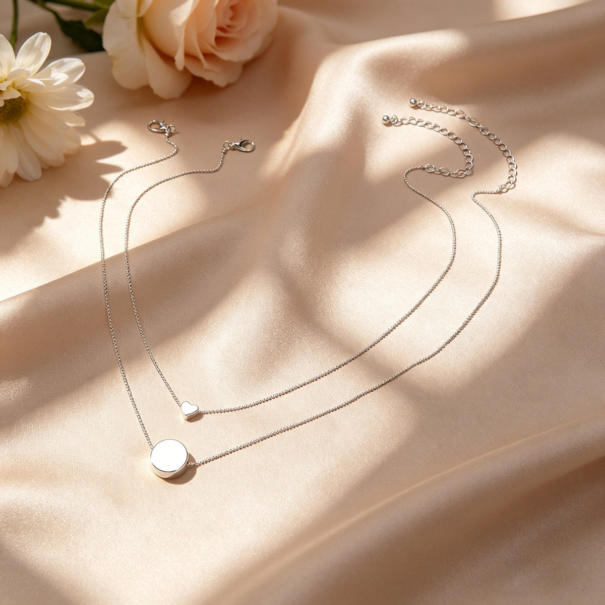 2 pcs Popular Jewellery Silver Chain Love Heart Round Charm Necklace Accessories