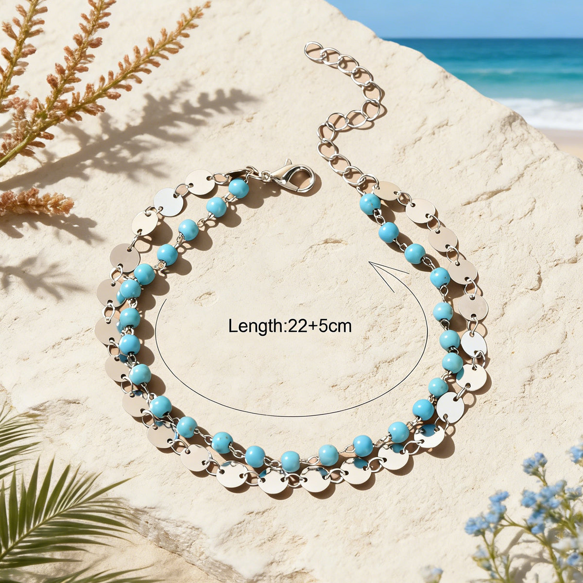 Ethnic Style Gold Silver Disc Chain Turquoise Beads Layered Anklet Foot Jewelry