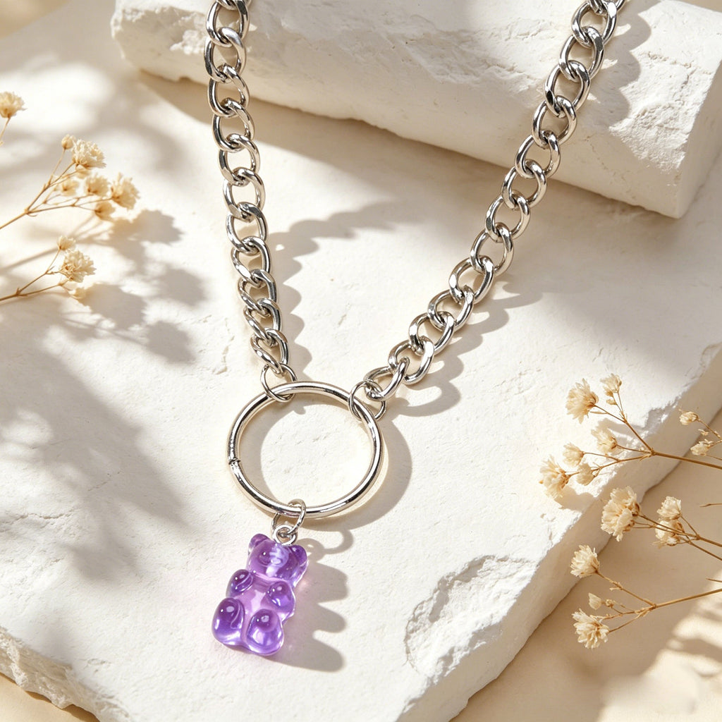 Lovely Jewellery Silver Chain Circle Purple Bear Pendant Necklace Accessories