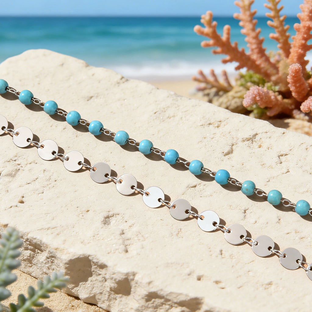 Ethnic Style Gold Silver Disc Chain Turquoise Beads Layered Anklet Foot Jewelry