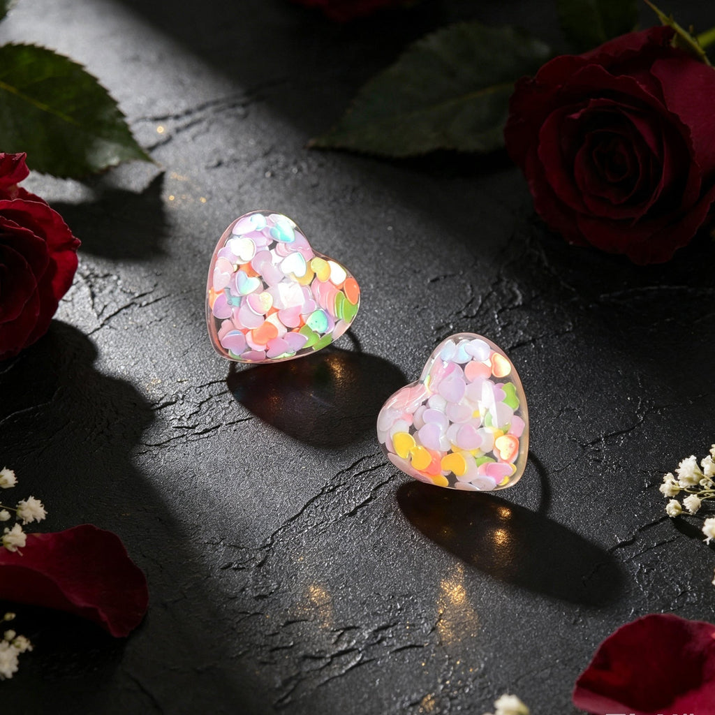 Cute Sequin Fill Heart Resin Stud Earrings Sweet Dating Party Accessories Birthday Valentine's Day Gift Jewelry