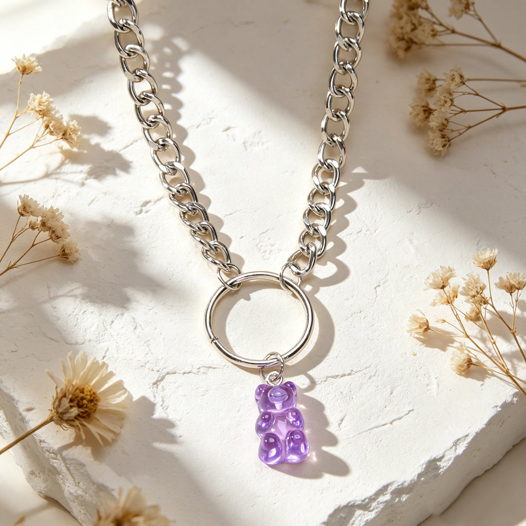 Lovely Jewellery Silver Chain Circle Purple Bear Pendant Necklace Accessories