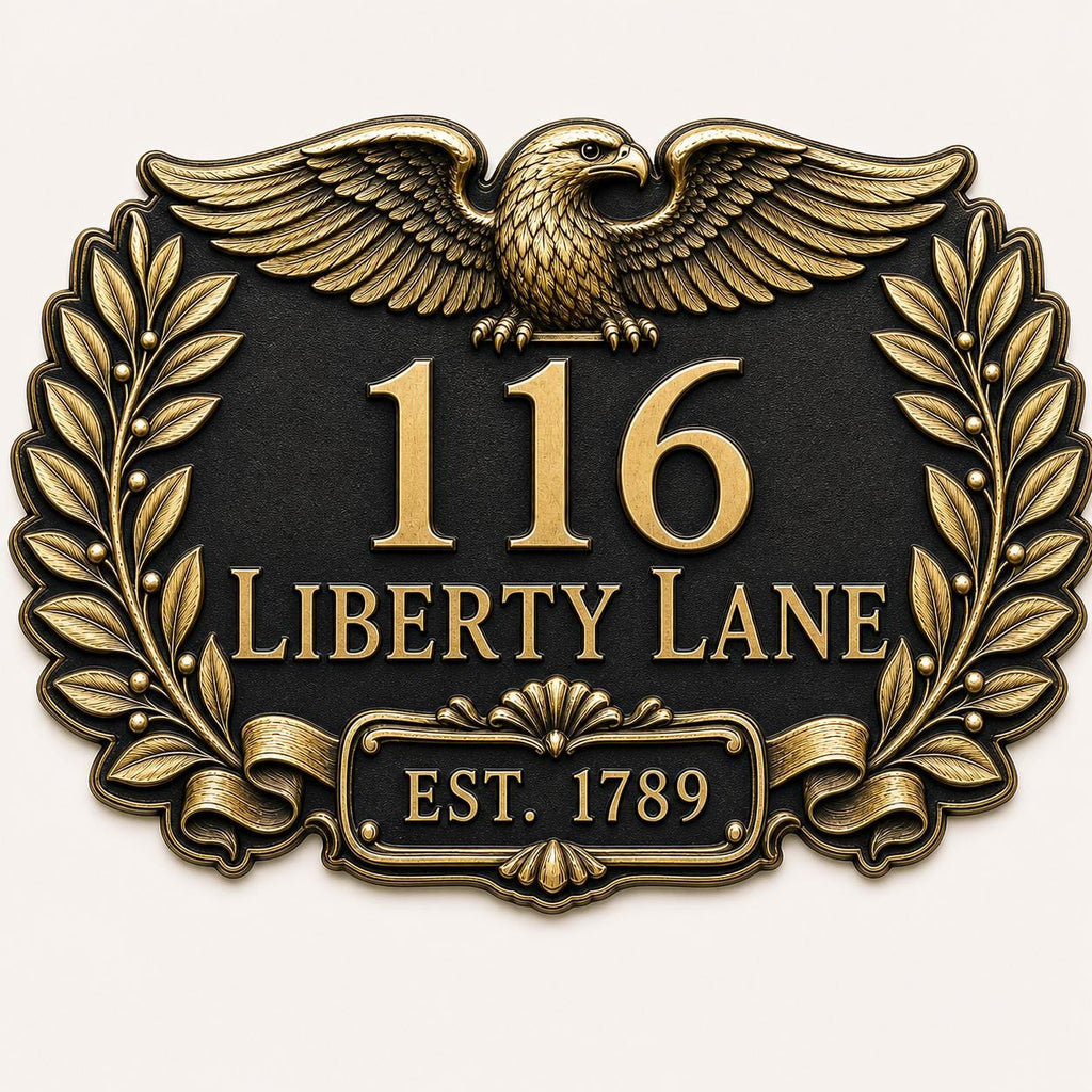 Custom Antique Brass Address Sign |  Art Deco House Plaque | Family Name Crest