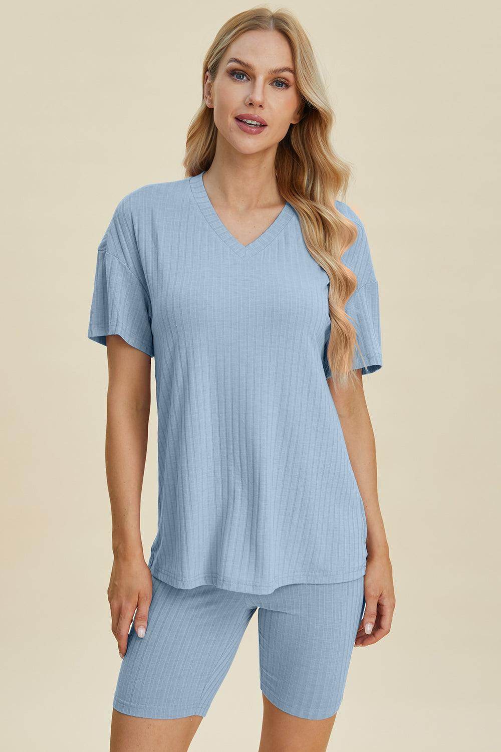 Basic Bae Full Size Ribbed V-Neck Top and Shorts Set For Women - n/a at Dealshubindia