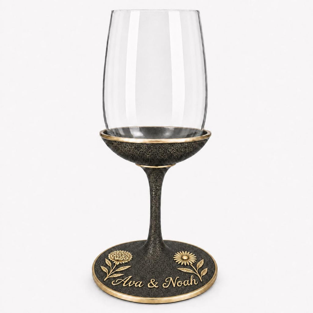 Personalised Birth Flower Wine Glass | Chrysanthemum & Daisy Antique Brass Base