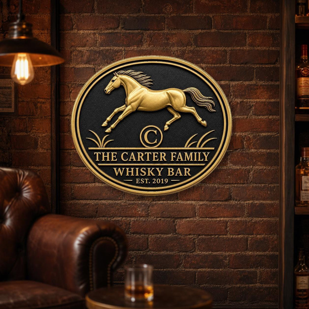 Personalized Home Bar Sign – Antique Brass Running Horse, Oval