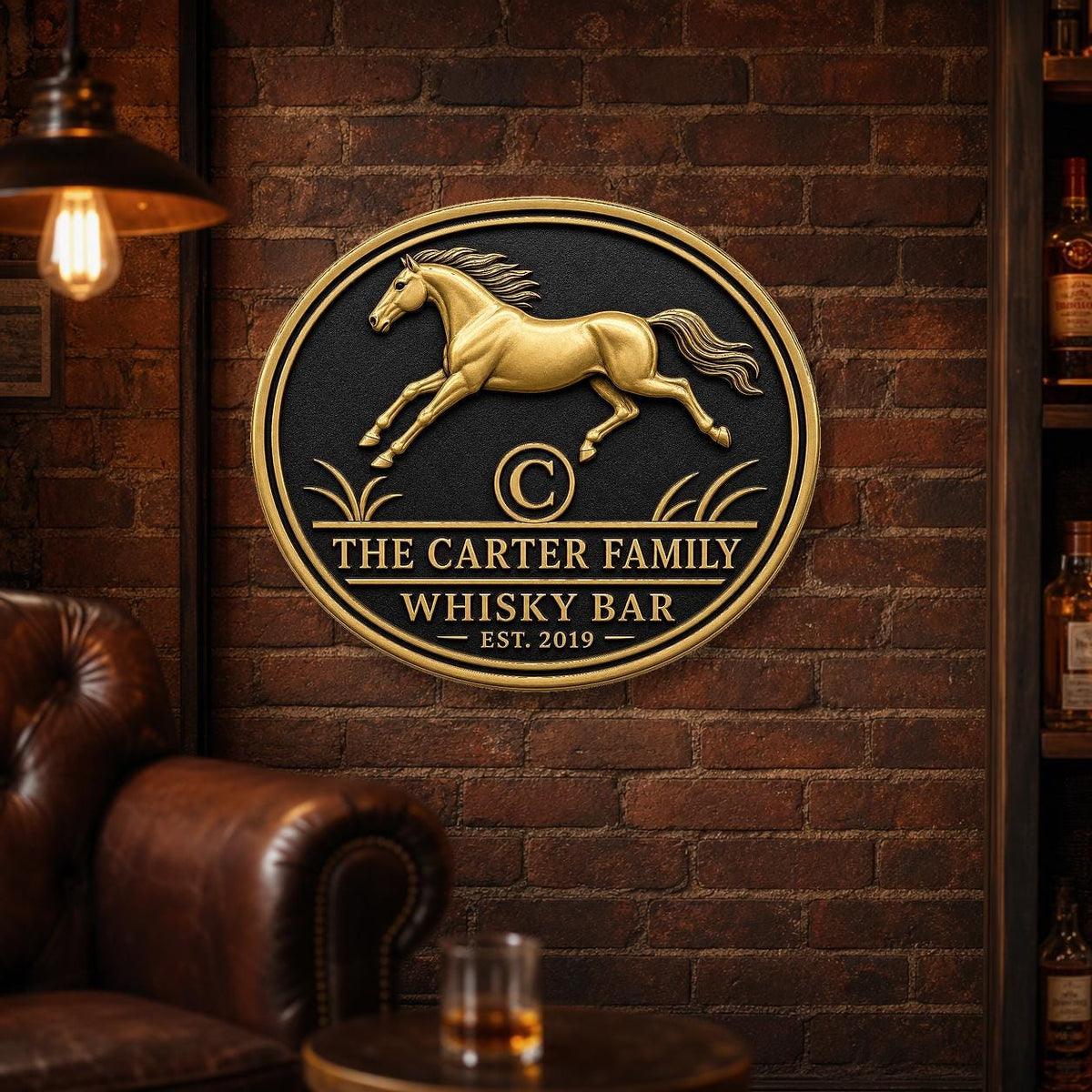 Personalized Home Bar Sign – Antique Brass Running Horse, Oval
