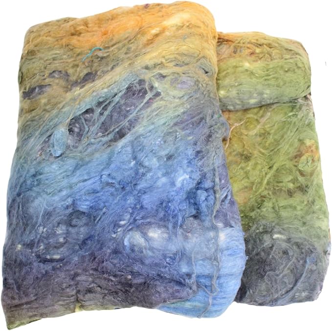 Knitsilk Mulberry Silk Fiber Yarn, Blue and Orange. Best for Knitting, Sewing Silk Filament Sheets, Spinning and Needle Felting