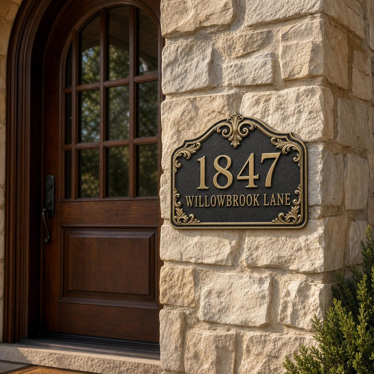 Personalized Address Plaque – Antique Brass Acanthus Scroll Crest