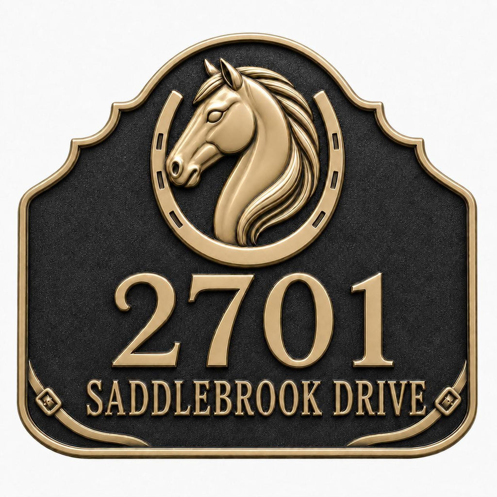 Personalized Address Plaque – Antique Brass Horse and Horseshoe