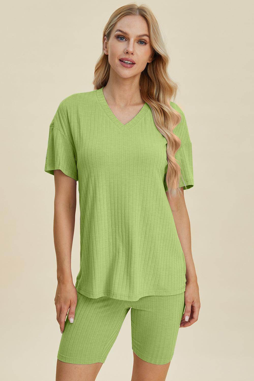 Basic Bae Full Size Ribbed V-Neck Top and Shorts Set For Women - n/a at Dealshubindia