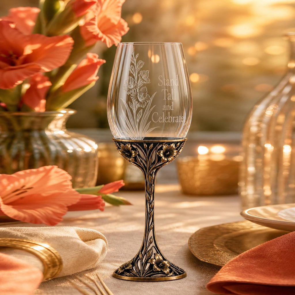 August Gladiolus Wine Glass, Personalised Birth Flower, Openwork Brass Stem, Custom Etched Gift