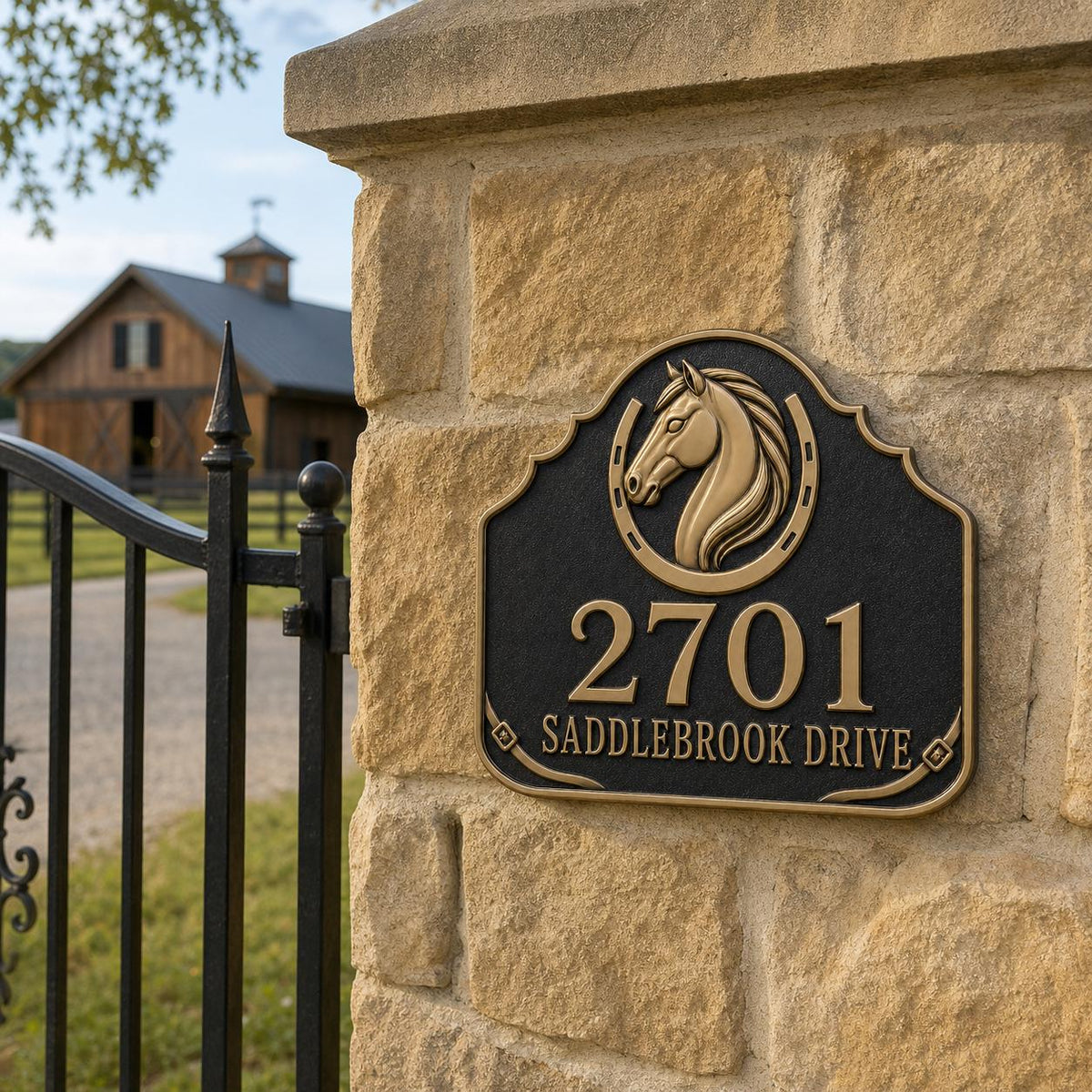 Personalized Address Plaque – Antique Brass Horse and Horseshoe