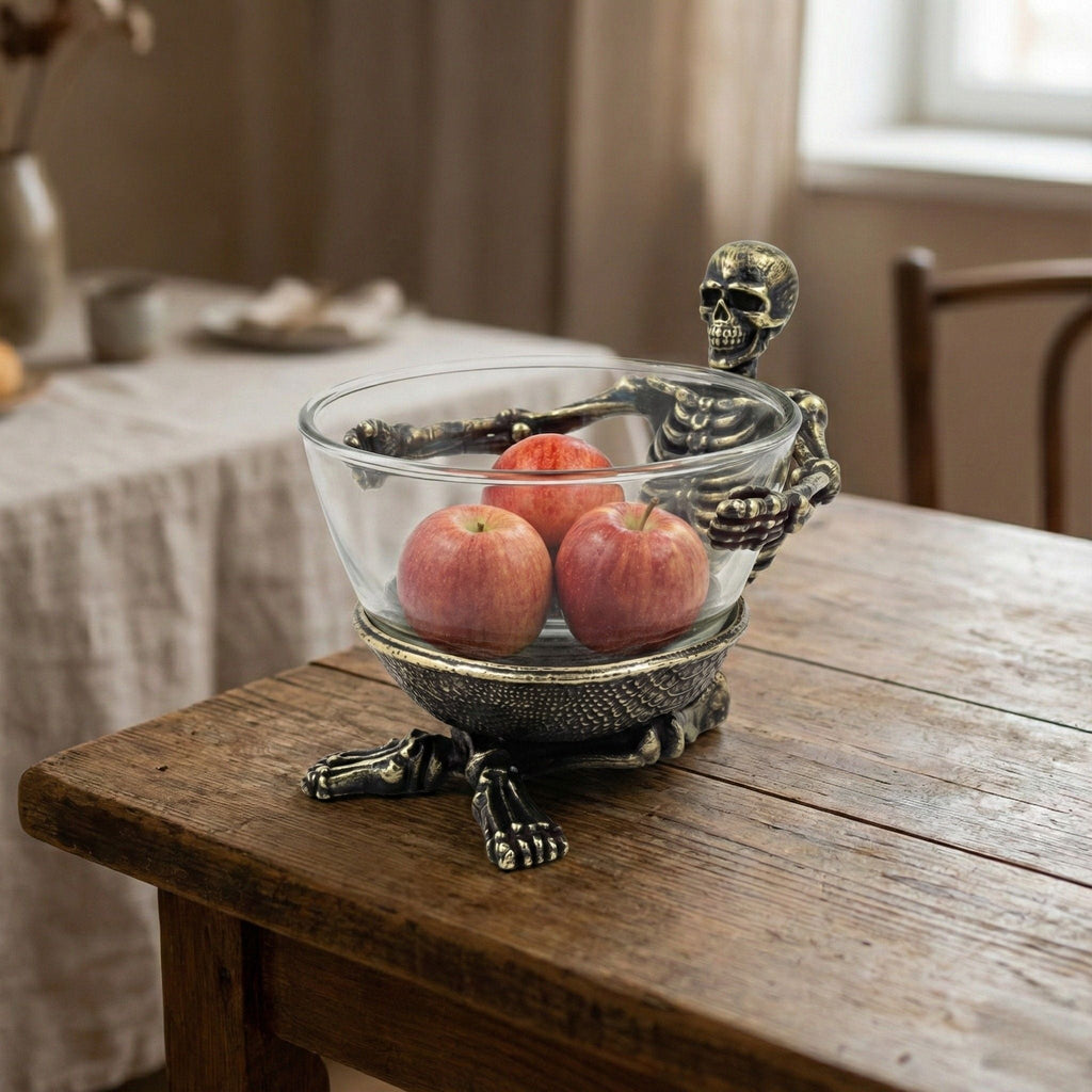 Skeleton Bowl with Glass Insert – Gothic Decorative Dish | Gold, Silver or Antique Finish | Halloween Candy Bowl & Home Decor