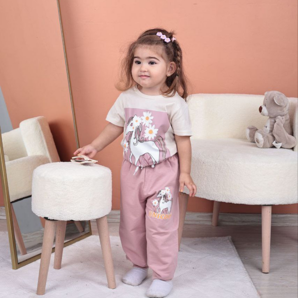 Kids Unicorn Magic joggers set in blush: graphic T-shirt and jogger pants with unicorn art