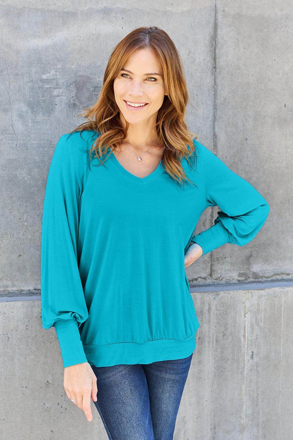 Basic Bae Full Size V-Neck Lantern Sleeve Top for Women - n/a at Dealshubindia