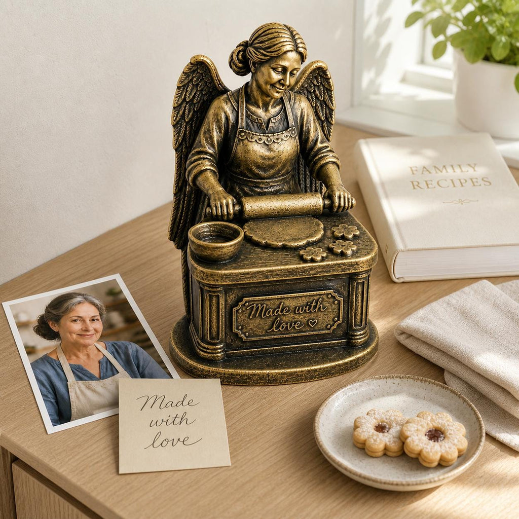 Personalised Baker Memorial Figurine from Photo, Antique Brass Angel Statue, Grandma Remembrance Gift
