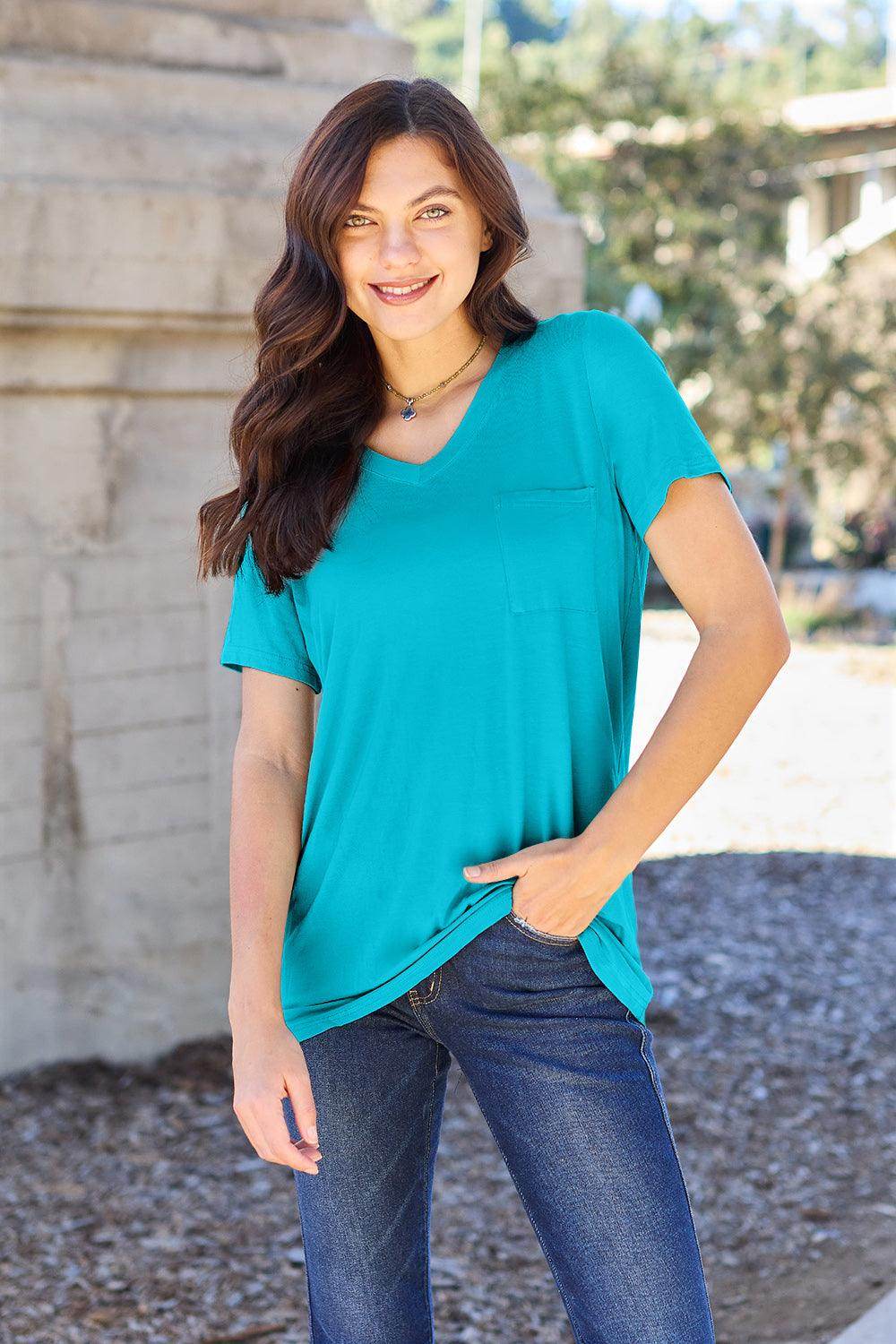 Basic Bae Full Size V-Neck Short Sleeve T-Shirt for Women - n/a at Dealshubindia