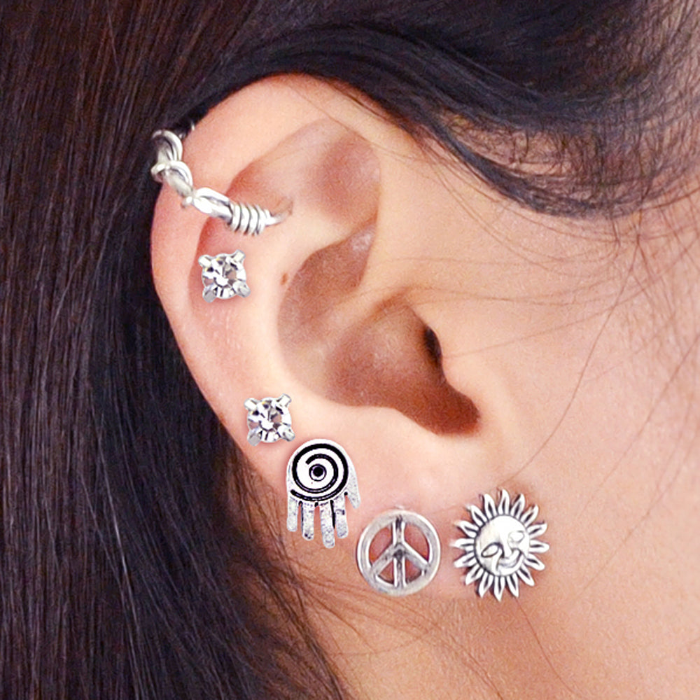 6 pcs Oxidized Intricate Antique Silver Sun Hand Vintage Stud Earrings Ear Cuff