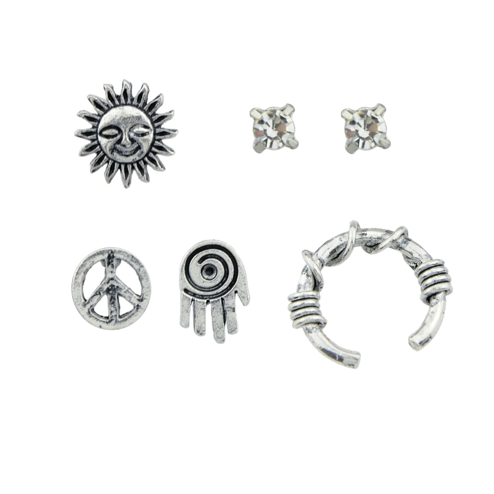 6 pcs Oxidized Intricate Antique Silver Sun Hand Vintage Stud Earrings Ear Cuff
