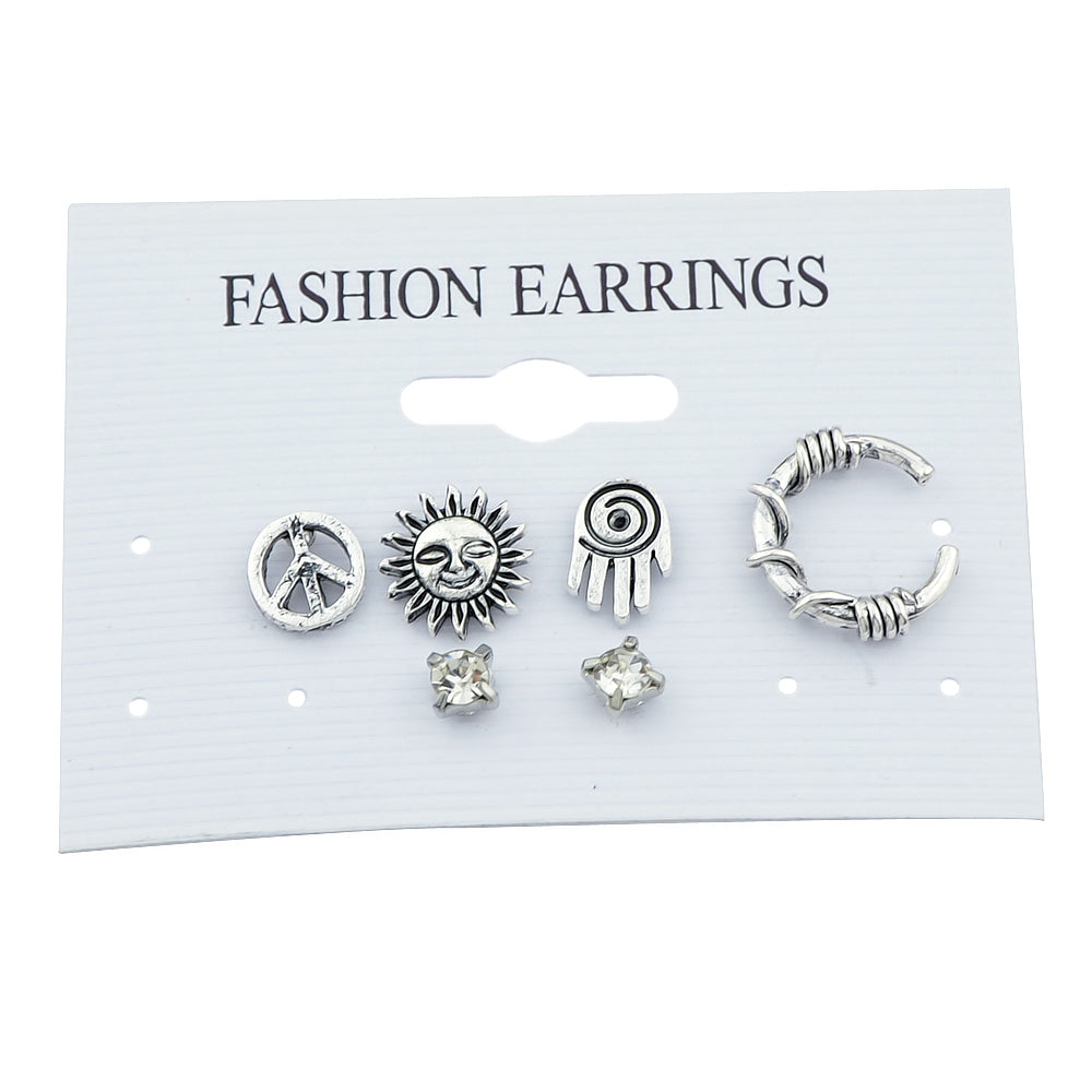 6 pcs Oxidized Intricate Antique Silver Sun Hand Vintage Stud Earrings Ear Cuff
