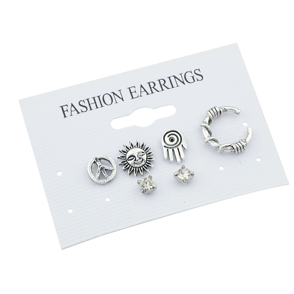 6 pcs Oxidized Intricate Antique Silver Sun Hand Vintage Stud Earrings Ear Cuff