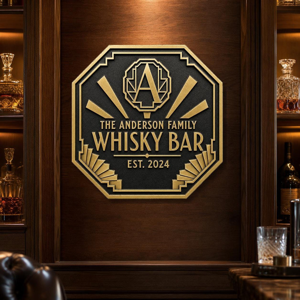 Personalized Home Bar Sign – Antique Brass Art Deco Octagon