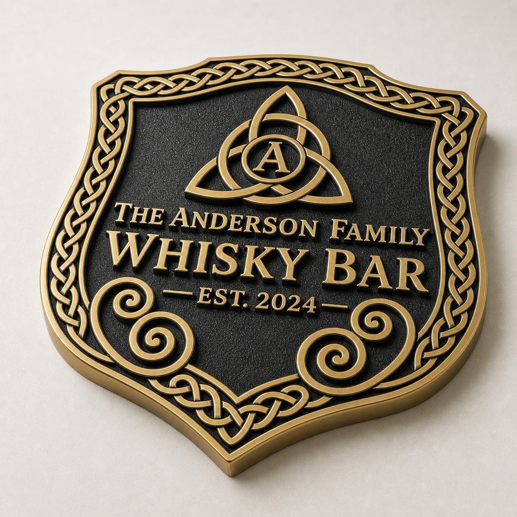 Personalized Home Bar Sign – Antique Brass Celtic Trinity Knot
