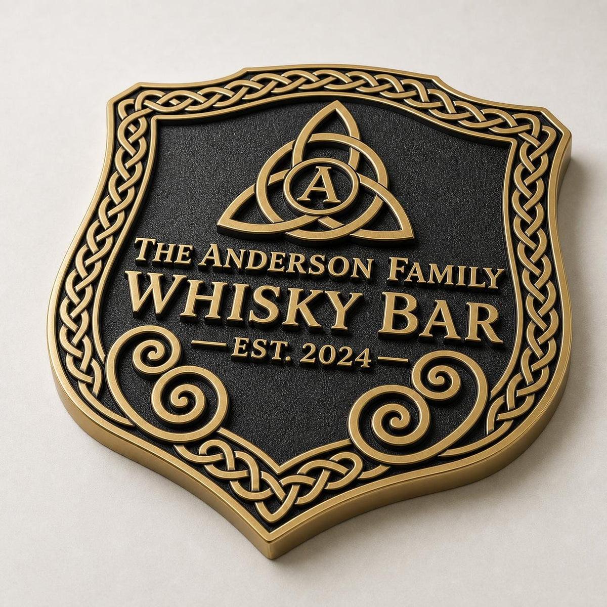 Personalized Home Bar Sign – Antique Brass Celtic Trinity Knot