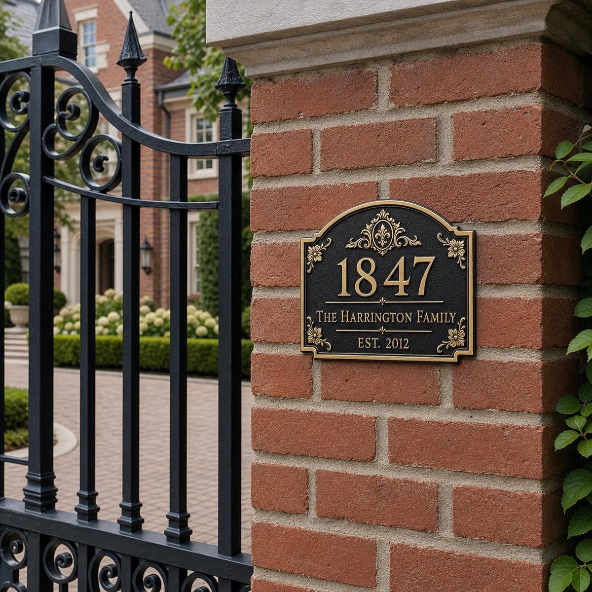Personalized Address Plaque – Antique Brass Fleur-de-Lis Arch