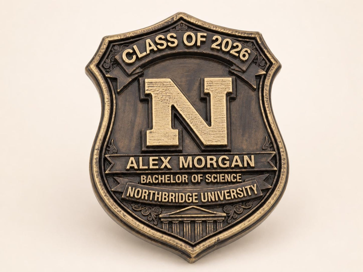 Personalized Graduation Plaque – Antique Brass Academic Shield