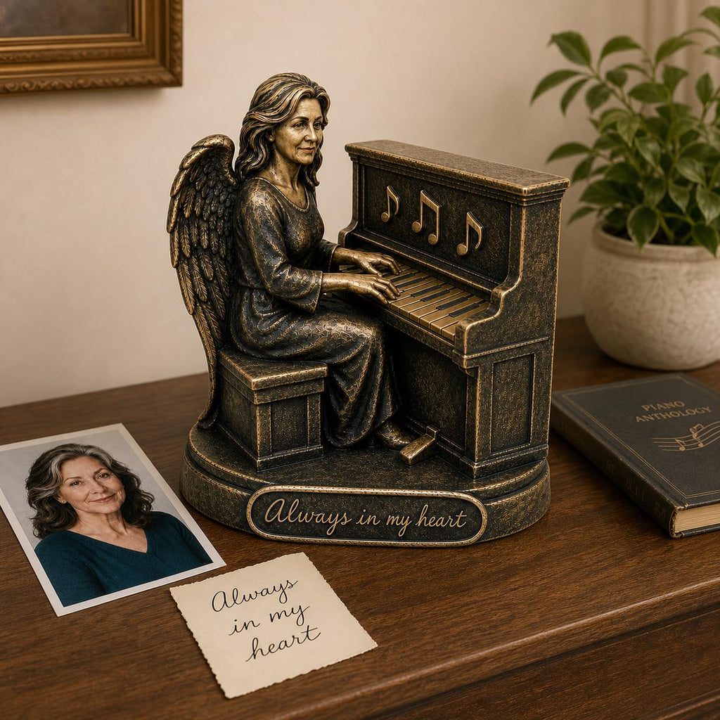 Personalised Piano Memorial Figurine from Photo, Antique Brass Angel Statue, Musician Remembrance Gift