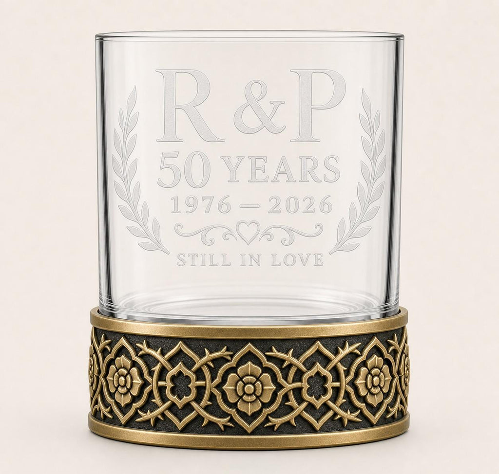 Personalised Laser Etched Brass Base Whiskey Glass | Custom Text/Name Glasses | Anniversary Gift
