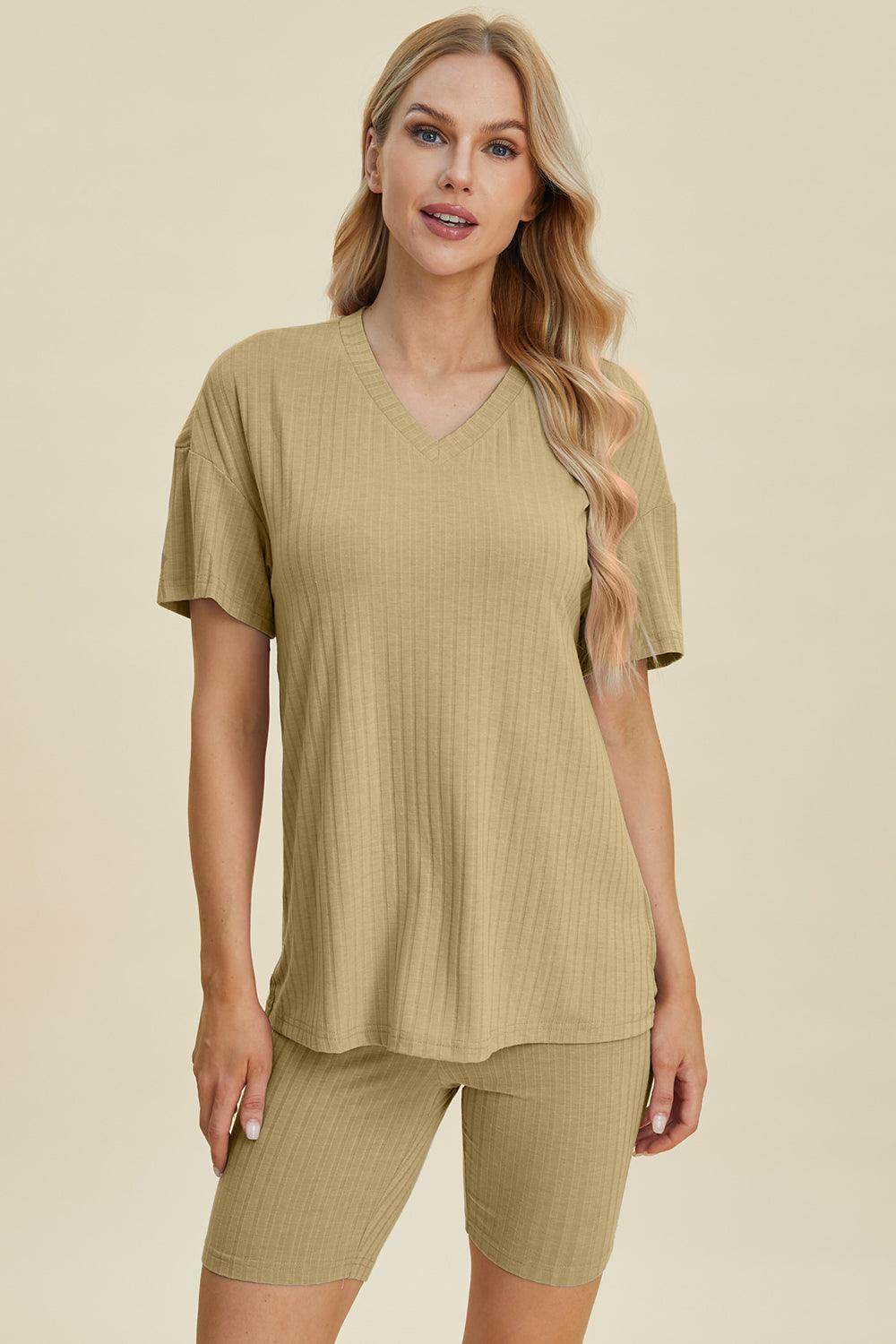 Basic Bae Full Size Ribbed V-Neck Top and Shorts Set For Women - n/a at Dealshubindia