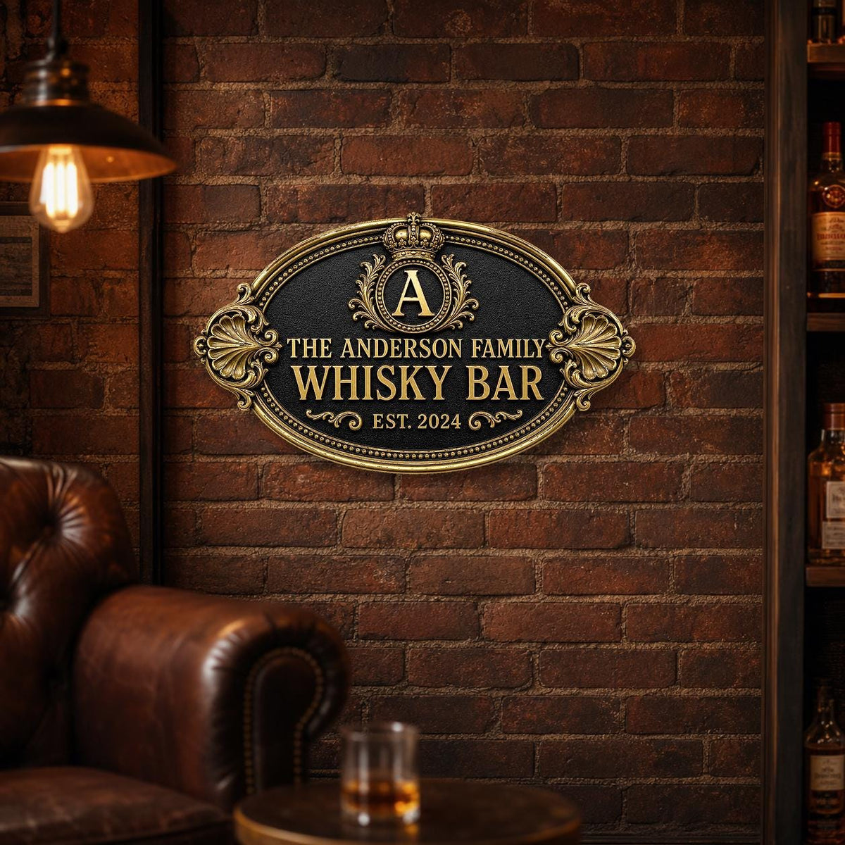 Personalized Home Bar Sign – Antique Brass Crown, Oval
