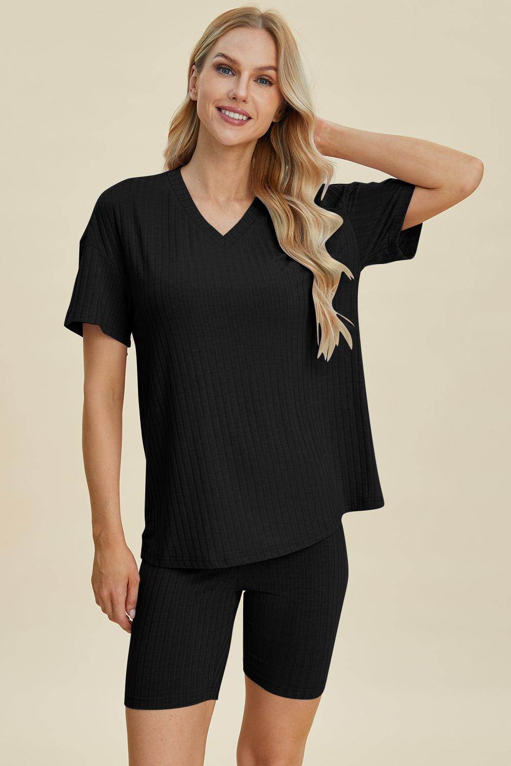 Basic Bae Full Size Ribbed V-Neck Top and Shorts Set For Women - n/a at Dealshubindia