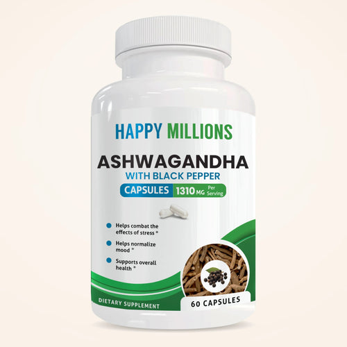 White supplement bottle labeled HAPPY MILLIONS Ashwagandha with black pepper, 60 capsules