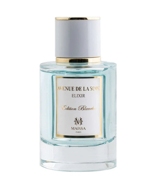 Gold-capped glass perfume bottle with pale blue liquid and square label