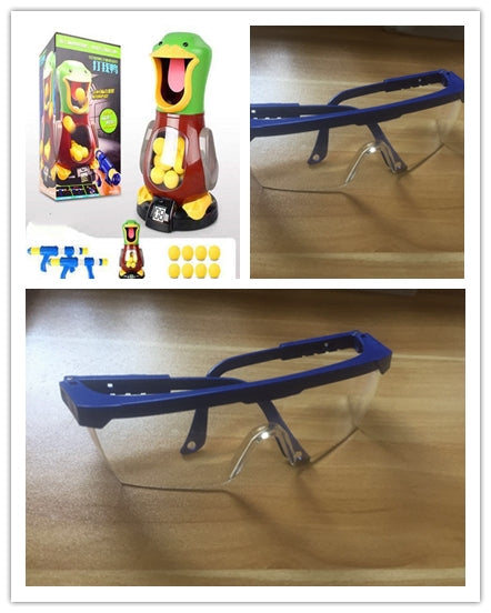 Toy safety goggles with clear lens and blue strap