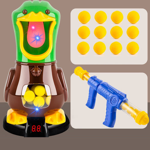 Air-powered soft bullet gun toy set with blue launcher and yellow foam balls