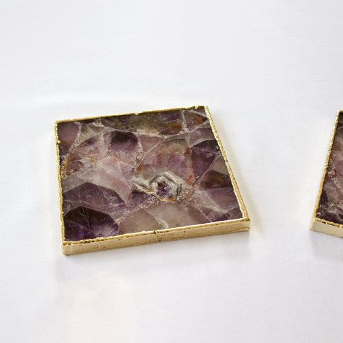 Set of 4 amethyst square coasters with gold-tone edges