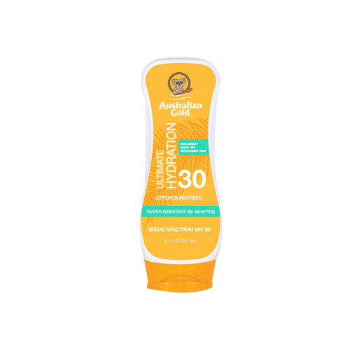 Australian Gold SPF 30 sunscreen lotion tube, orange and white