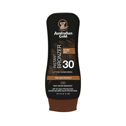 Australian Gold instant bronzer tanning lotion SPF 30 in black squeeze bottle