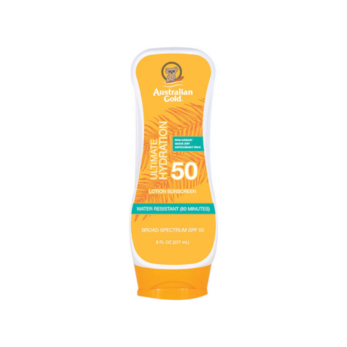 Australian Gold SPF 50 sunscreen lotion in yellow squeeze tube